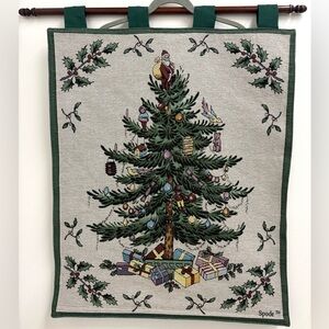 Vintage Spode Christmas Tree Woven Tapestry Wall Hanging w/ Dowel 27 x 33